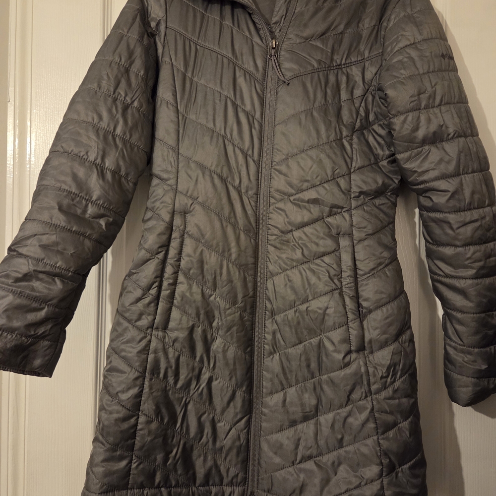 Columbia Omni-Heat Women XS Long Puffer Coat Gray Hooded Winter Jacket